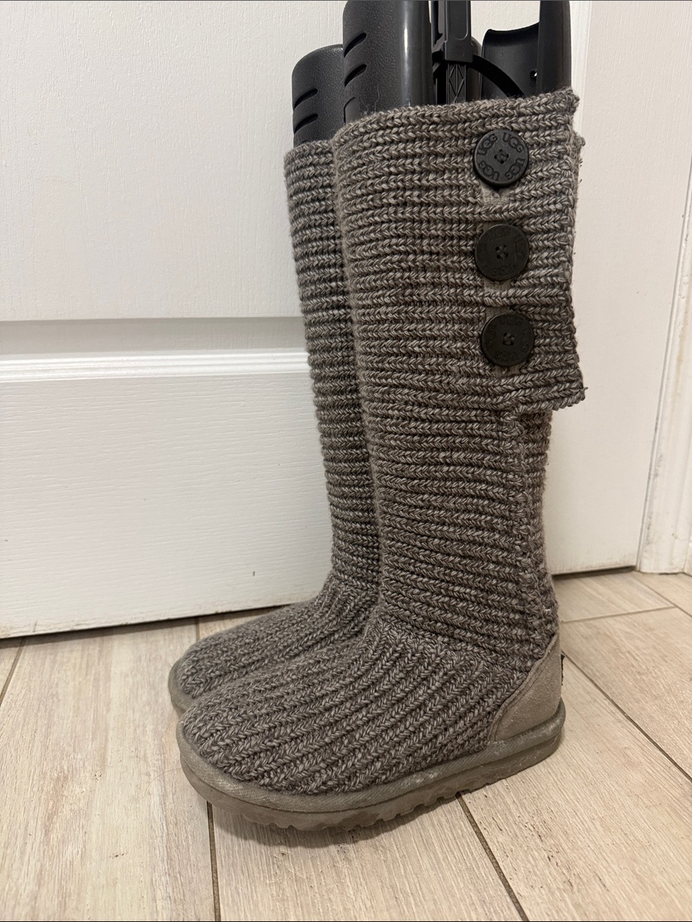 UGG Women Dark Grey Knit Button-Accent Tall Winter Boots
